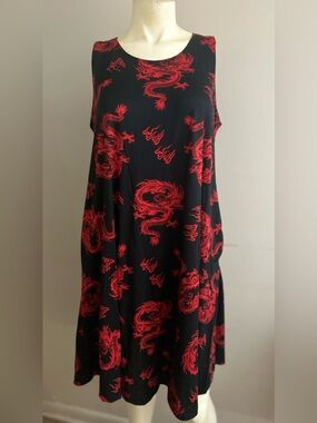 Sleeveless Black Midi Dress with Red Dragon Print